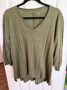 Eileen Fisher Olive V-Neck Relaxed Long Sleeve Top
